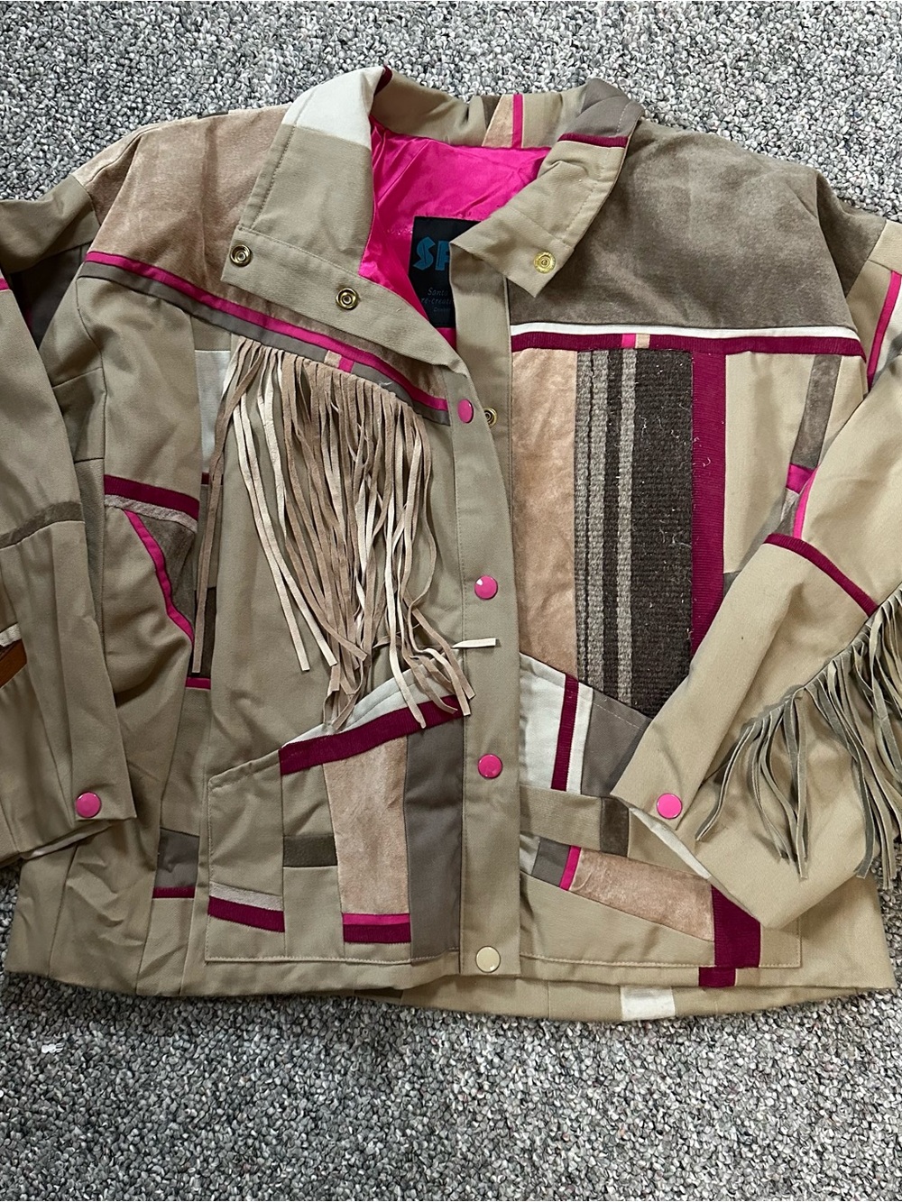 Boho Southwest Fringe Patchwork Jacket in Beige & Pink - Unbranded